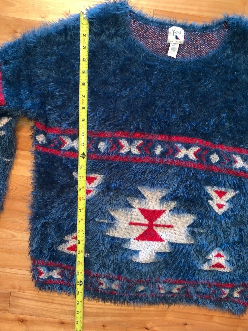 Yumi Fuzzy Aztec Southwestern Sweater Womens US 2/4 Blue Red Boho - Picture 9 of 10